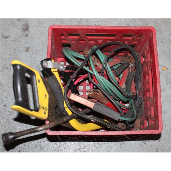 BIN OF BOOSTER CABLES & SAWS
