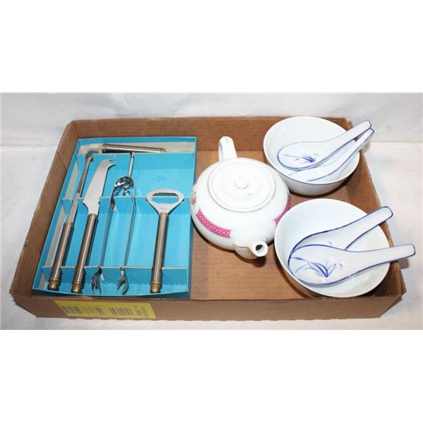 ORIENTAL WALL HANGING, SOUP BOWLS & SPOONS AND TEA