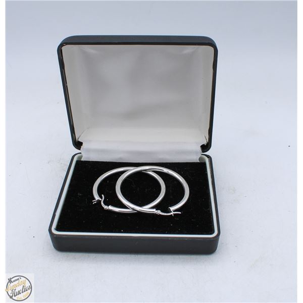 SILVER 925 HOOPED EARRINGS, LARGE 1 5/8 IN