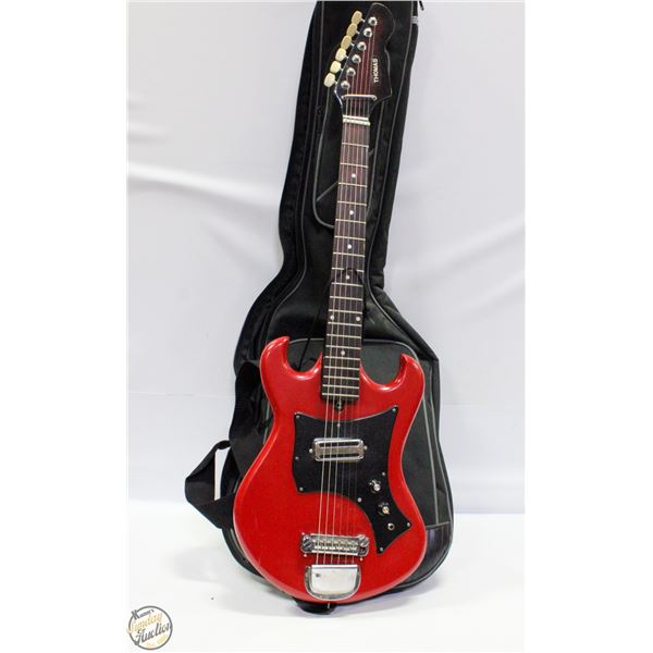 RED ELECTRIC GUITAR WITH AXE MUSIC GIG BAG