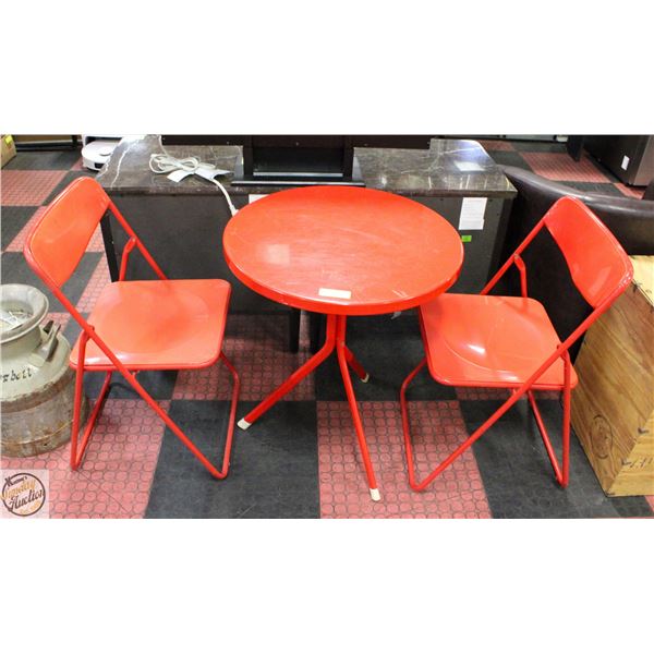 ROUND RED PATIO TABLE AND 2 FOLDING RED CHAIRS