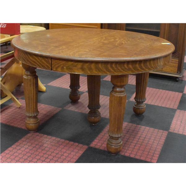 ANTIQUE TIGER WOOD KITCHEN TABLE H-28" DIAM.-47.5"