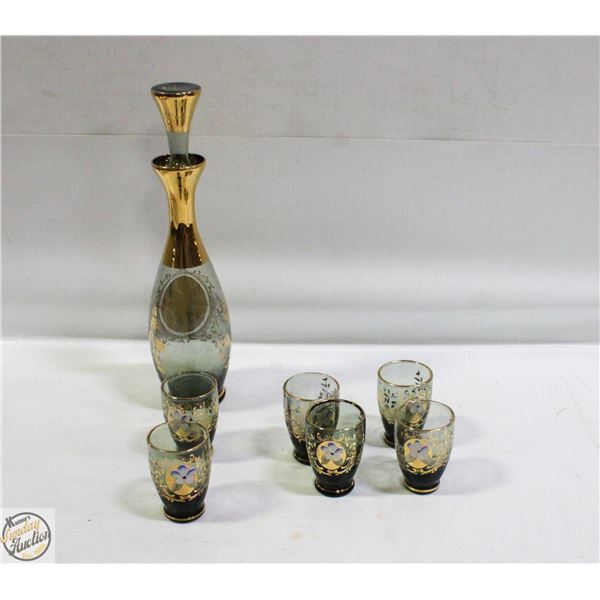 BOHEMIA ENAMEL FLORAL GLASS DECANTER & CUP