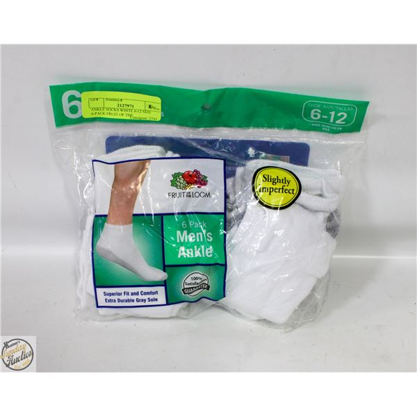 ANKLE SOCKS WHITE 6-12 SIZE 6-PACK FRUIT OF THE
