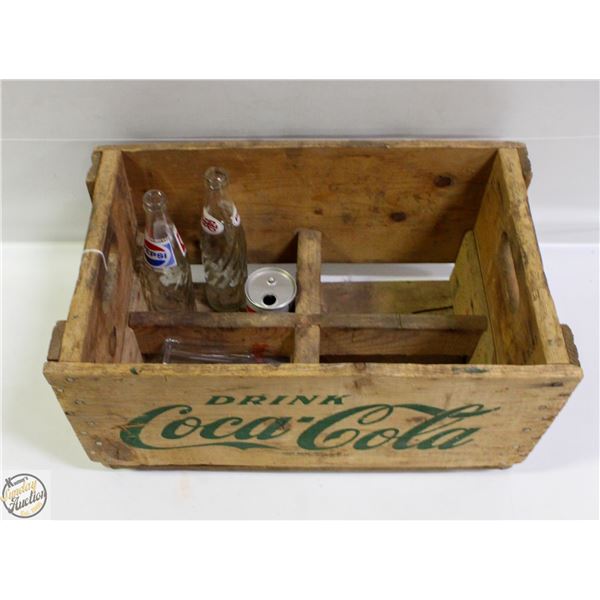 WOODEN COCA COLA CRATE WITH 2 COKE GLASSES