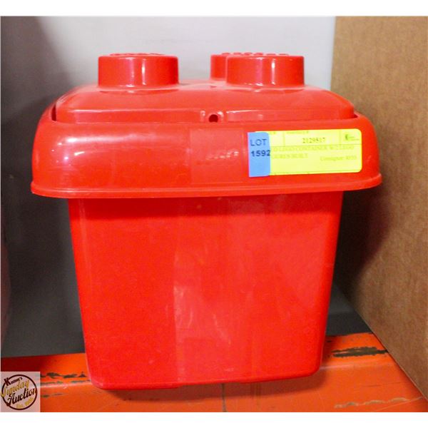 RED LEGO CONTAINER W/2 LEGO FIGURES BUILT