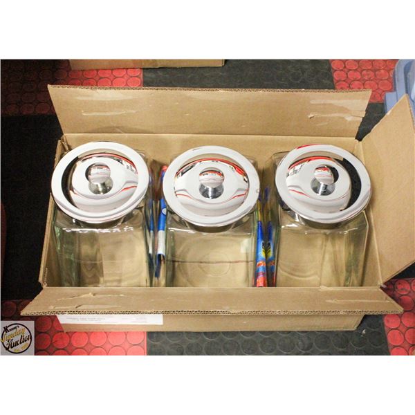 BOX CONTAINING 3 LARGE GLASS STORAGE JARS