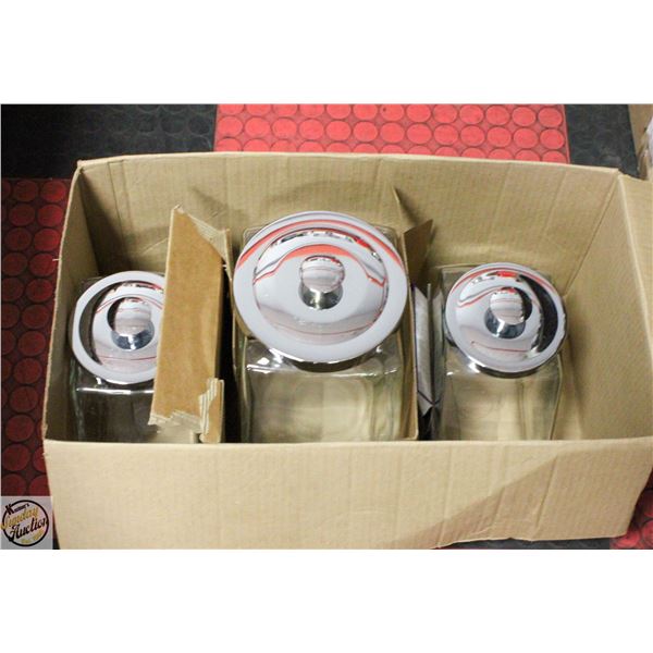LARGE AND 2 SMALL GLASS STORAGE JARS