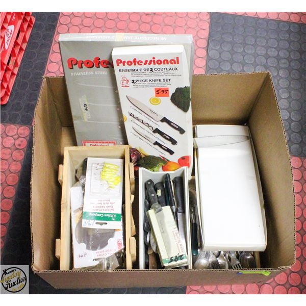 LOT OF KITCHEN ITEMS INCLUDES SPOONS, KNIVES