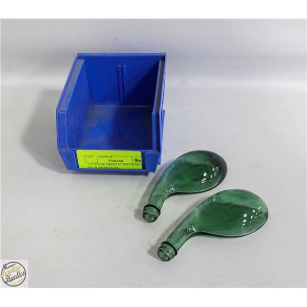 2 VINTAGE GREEN GLASS VINEGAR OIL FLAT BOTTLES