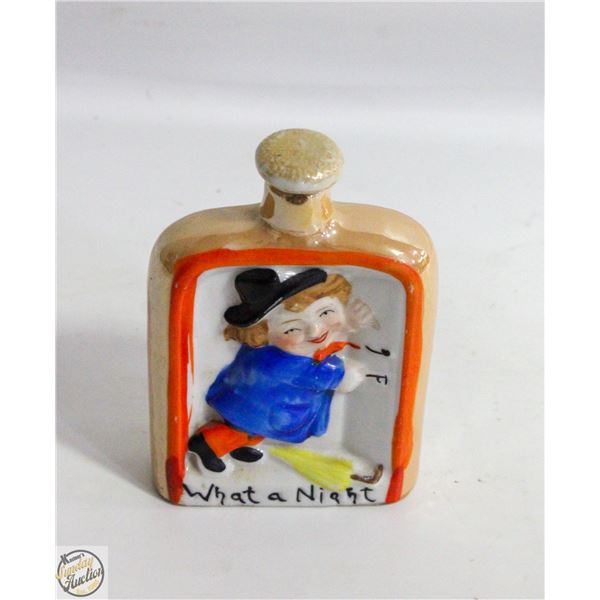 VINTAGE BISQUE WHISKEY FLASK WHAT A NIGHT