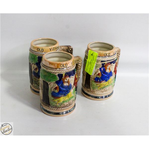 3 VINTAGE OLD VIENNA STYLE CERAMIC BEER STINE 5"