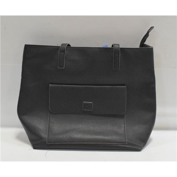 ROOTS BLACK HANDBAG PURSE, 17"W X 13"H X 6"D