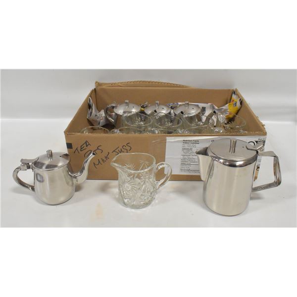 9 SMALL GLASS MILK JUGS SOLD W. 6 SMALL STAINLESS