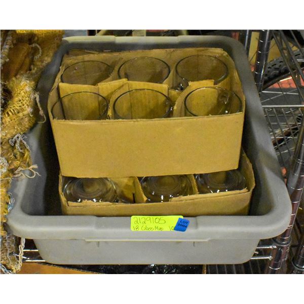 BOX CONTAINING 18 NEW GLASS MUGS
