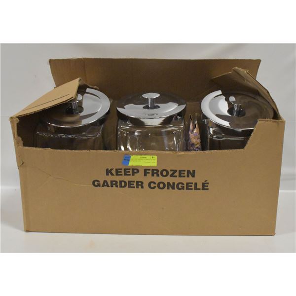 BOX CONTAINING 3 LARGE GLASS STORAGE JARS