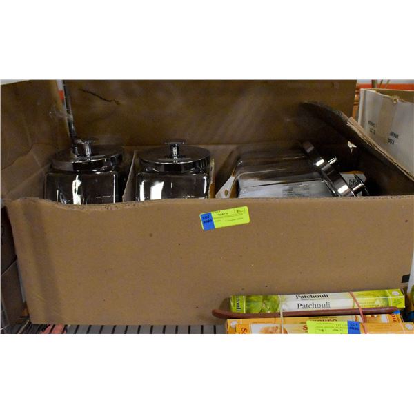 BOX CONTAINING 4 SMALL GLASS STORAGE JARS