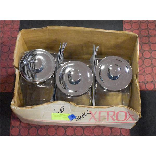 BOX CONTAINING 3 SMALL GLASS STORAGE JARS