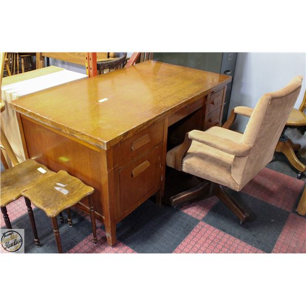 VINTAGE WOOD DESK 56"X29" WITH VINTAGE CHAIR
