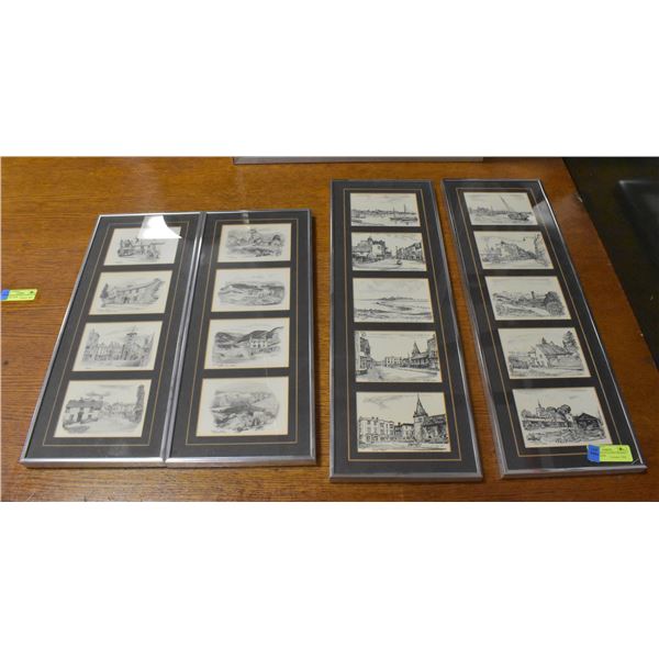LOT OF 4 PENCIL ETCHED FRAMED MINI ARTWORK