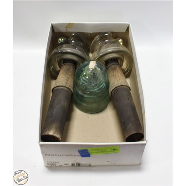 3 VINTAGE INSULATORS GLASS 2 STYLES