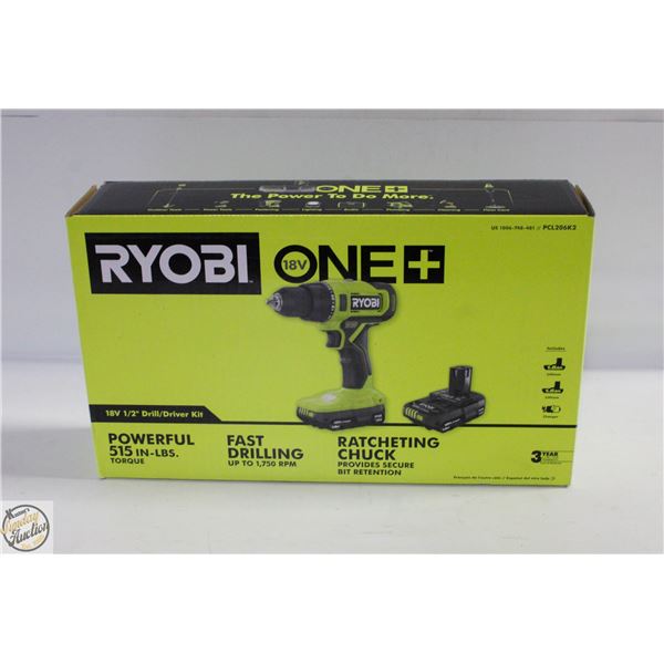 NEW RYOBI 18 VOLT CORDLESS 1/2 " DRILL W/ TWO
