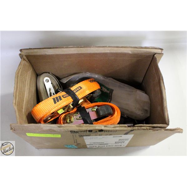 BOX OF SOCKETS, RATCHET STRAPS AND ALLEN WRENCHES
