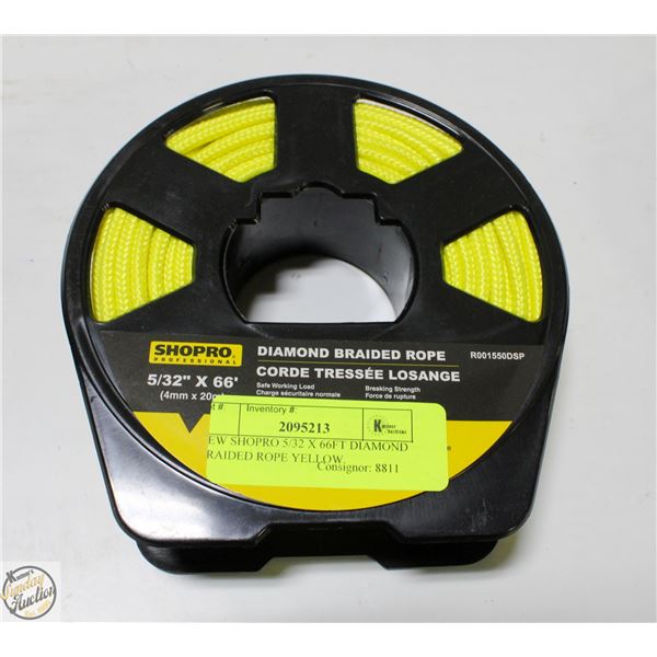 NEW SHOPRO 5/32 X 66FT DIAMOND BRAIDED ROPE YELLOW