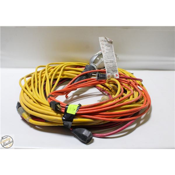 4 EXTENSION CORDS AND 1 TROUBLE LIGHT
