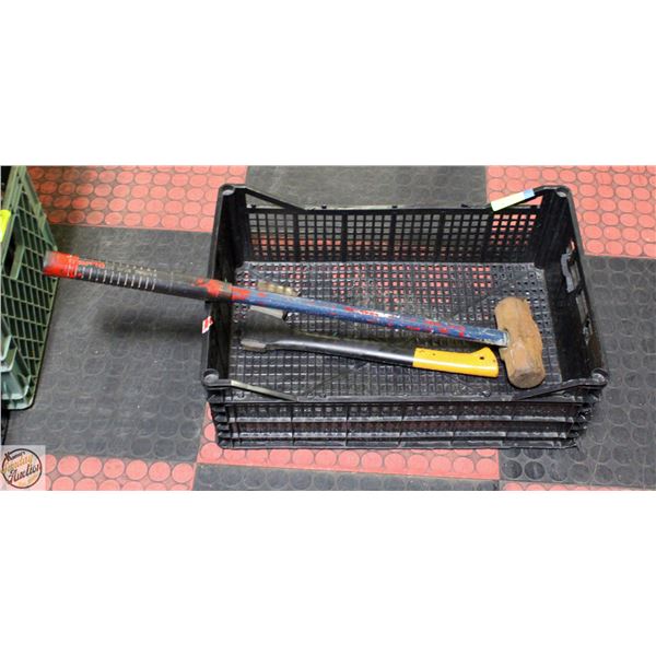 USED 8LB MALLET AND USED  AXE IN BLACK CRATE