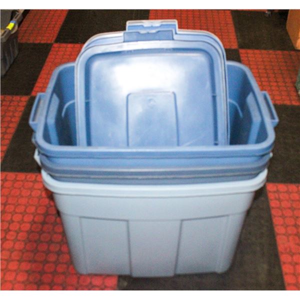 3 RUBBERMAID 78L TUBS WITH LIDS ASSORTED COLOURS
