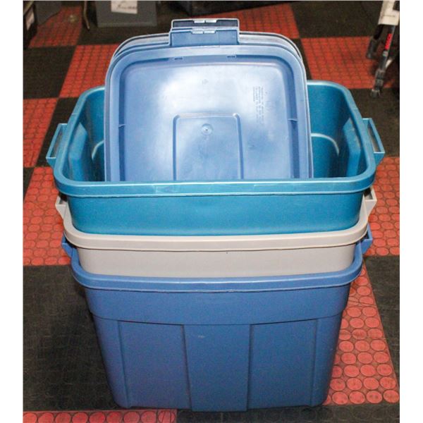 3 RUBBERMAID 78L TUBS WITH LIDS ASSORTED COLOURS