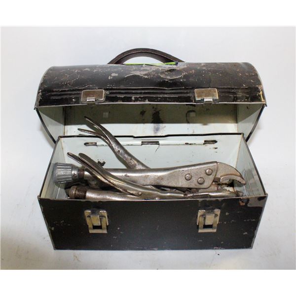 METAL BOX OF VARIOUS VINTAGE VISE GRIPS