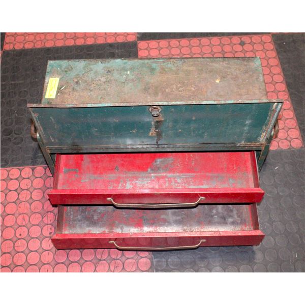 VINTAGE METAL TOOL BOX FOLD OUT TOP WITH 2