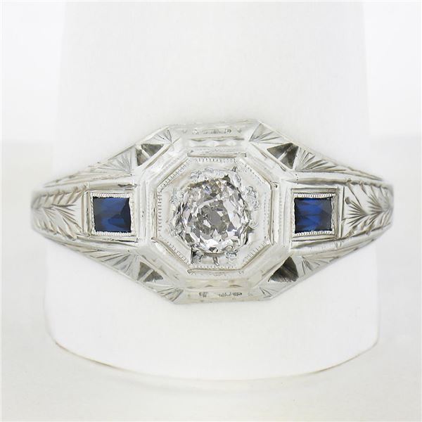 Antique Art Deco 18k Gold .40 ctw Old Diamond & French Sapphire Hand Engraved Ri