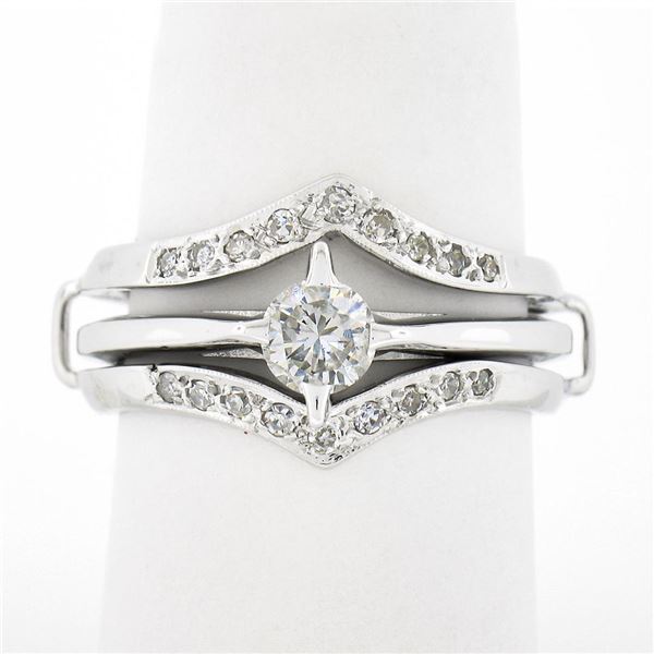 Vintage 14K White Gold 0.62 ctw Diamond Solitaire Engagement & Wedding Ring Set