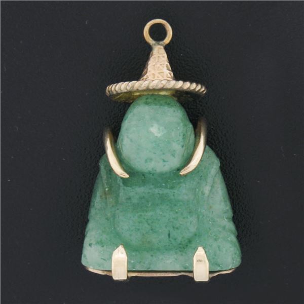 Vintage 10k Yellow Gold Carved Green Jade Sculpture Chinese Letter Charm Pendant