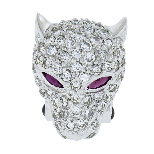 Italian 14K White Gold 2.30 ctw Diamond & Ruby Panther Face Head Slide Pendant