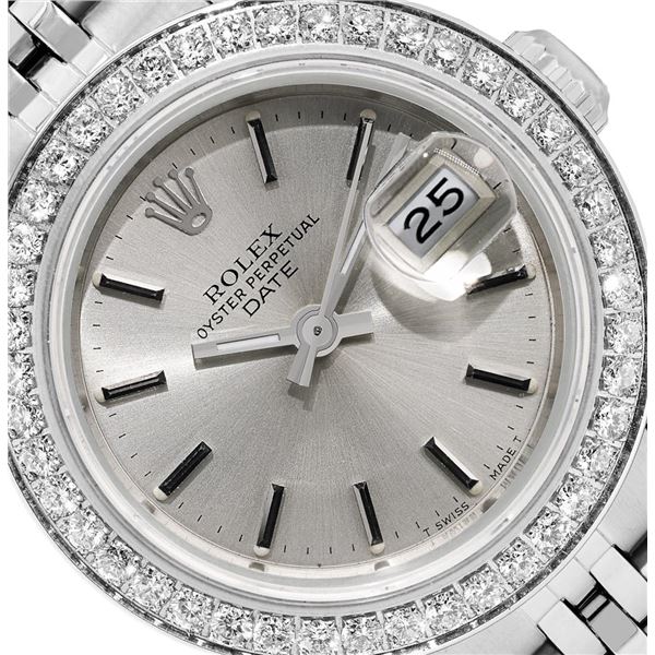 Rolex Ladies Quickset Stainless Steel Silver Index Diamond Bezel Date Watch