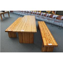 heavy wooden table with two bench seats