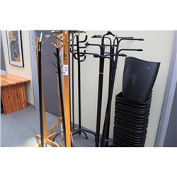 lot of coat racks and garbage cans