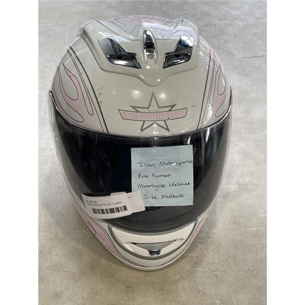 ICON MOTORSPORTS PINK FLAMED MOTORCYCLE HELMET, SIZE MEDIUM