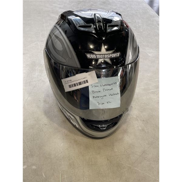 ICON MOTORSPORTS BLACK FLAMED MOTORCYCLE HELMET, SIZE XL