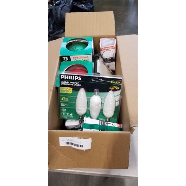 BOX OF ASSORTED LIGHTS, BULBS, FIXTURE, ETC