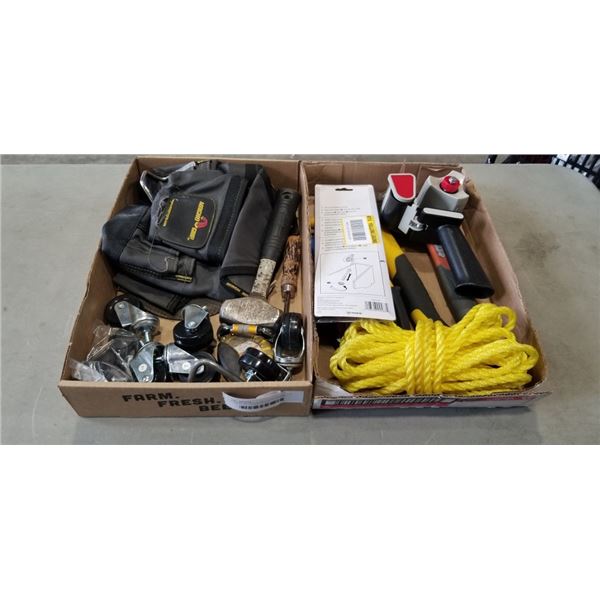 2 TRAYS OF TOOLS INCLUDING DEWALT STAPLER, CASTORS, MINI SLEDGE, HAMMERS TAPE GUN ETC