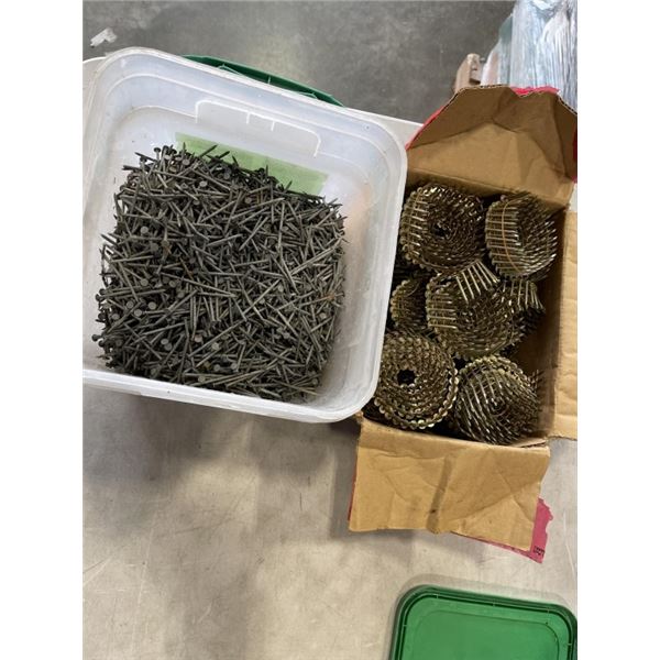 BOX OF COIL NAILS AND BUCKET OF NAILS