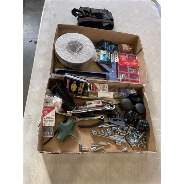 2 TRAYS OF SHOP TOOLS AND HARDWARE ETC