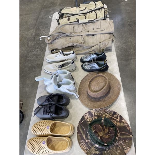 HUNTING VESTS AND JACKETS, HATS, ASSORTED NEW AND USED SHOES INCLUDING FOX BIKE SHOES AND LA SPORTIV