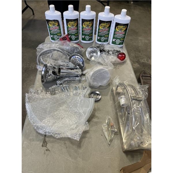 4 BOXES OF MISC ITEMS - SHOP FLUIDS, LIGHT FIXTURE, BATHROOM FAUCETS, ETC