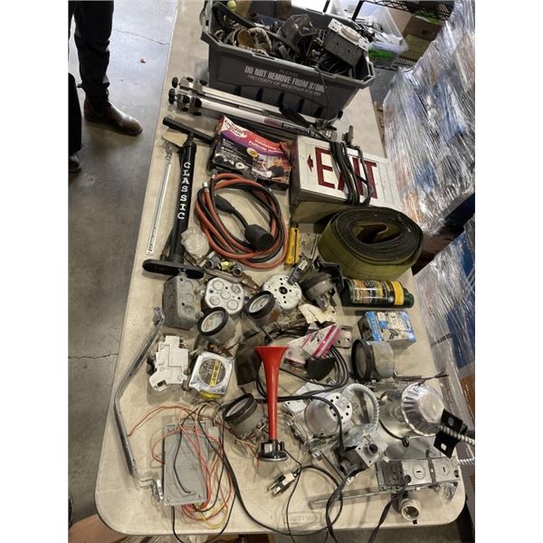 2 BOXES OF MISC ITEMS - EXIT SIGN, HEAVY DUTY STRAP, BUNGEE CORDS, ETC